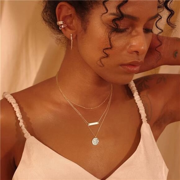 Fettero Pendant Necklace Gold Choker Layered Coin Open Karma Circle - Picture 4 of 6